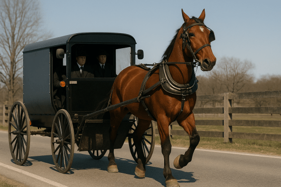 Ein Pferd zieht eine altertümliche Kutsche.